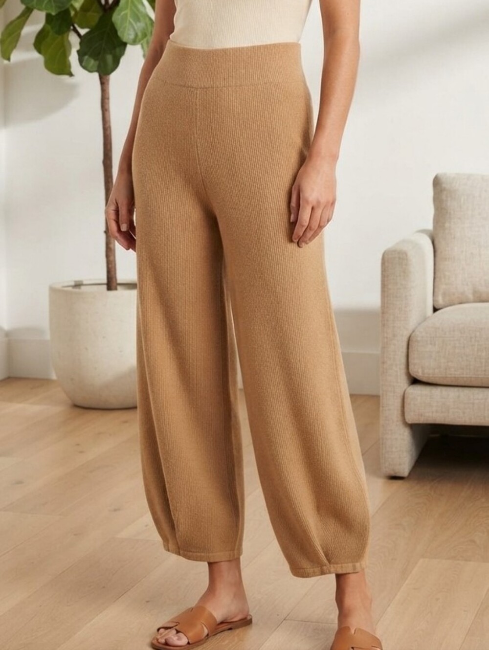 NWOT Tan Camel Brown Ribbed Knit Wide Leg Sweater Pants Lounge Trousers
